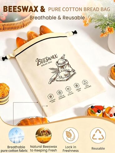 Beeswax Bread Bag 2 Pack Bread Bags For Homemade Bread Reusable Pure Cotton Storage Bag Keeps Sourdough Fruits and Vegetables Fresh up to 3x Longer With Zipper And Shoulder Strap in Kuwait