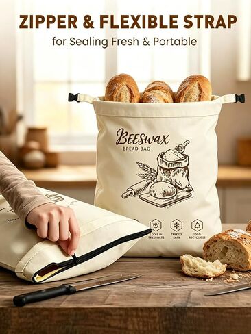 Beeswax Bread Bag 2 Pack Bread Bags For Homemade Bread Reusable Pure Cotton Storage Bag Keeps Sourdough Fruits and Vegetables Fresh up to 3x Longer With Zipper And Shoulder Strap in Kuwait