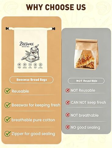 Beeswax Bread Bag 2 Pack Bread Bags For Homemade Bread Reusable Pure Cotton Storage Bag Keeps Sourdough Fruits and Vegetables Fresh up to 3x Longer With Zipper And Shoulder Strap in Kuwait