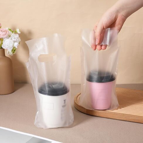 100 Pcs Clear Handle Drinking Poly Bags, 1 Cup Drink Carrier for Delivery Plastic Drinking Bags with Handle 6 x 10 Inch for Single Cup in Kuwait