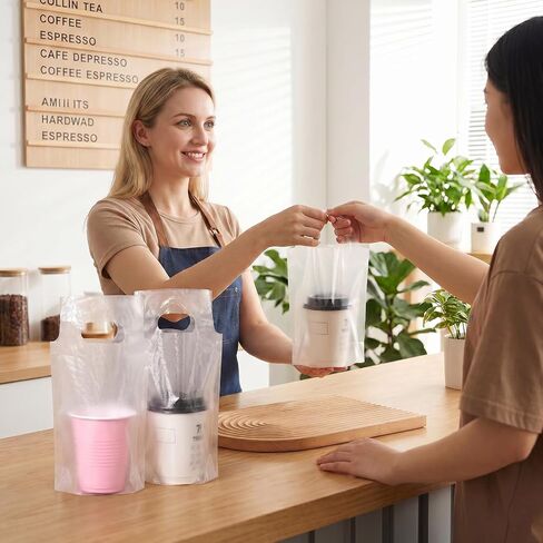 100 Pcs Clear Handle Drinking Poly Bags, 1 Cup Drink Carrier for Delivery Plastic Drinking Bags with Handle 6 x 10 Inch for Single Cup in Kuwait