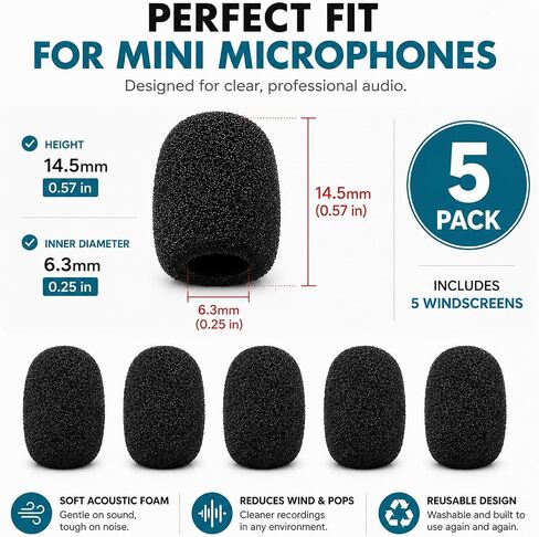 Movo F1/4 Lavalier Microphone Foam Windscreens, 5-Pack Replacement Lav Mic Pop Filters – Fits 4–6mm Mic Capsules, Compatible with RØDE smartLav+, Lavalier GO, Shure MVL, LV4, Sanken COS-11D in Kuwait