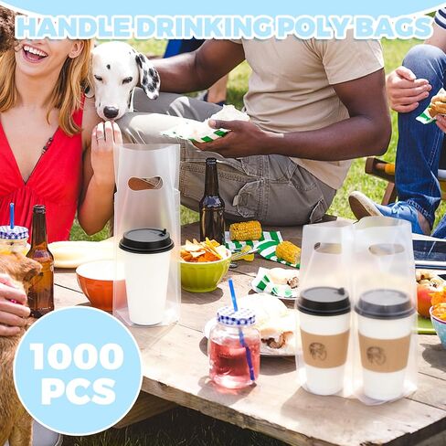 أكياس بولي للشرب بمقبض 1000 قطعة من LANIAKEA كوب واحد مقاس 11 × 6.3 بوصة حامل أكواب شفاف مع مقبض تغليف بلاستيكي أكياس بولي لمتاجر القهوة وعصير الحليب والشاي in Kuwait