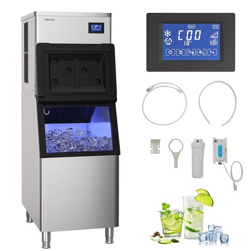 Commercial Ice Maker Machine, 270 lbs/24 Hours, 48 lbs Storage Bin, Stainless Steel, Blue Light, Freestanding, Great for Home or Business, Includes Ice Scoop, Connecting Hose in Kuwait