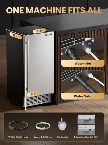 Coolski Undercounter Nugget Ice Maker Machine, 100Lbs Daily Production, Commercial Sonic Ice Machine with 20Lbs Dual Storage Bin, Pebble Pellet Ice Maker for Home, Office, Cafe, Gravity Drain in Kuwait