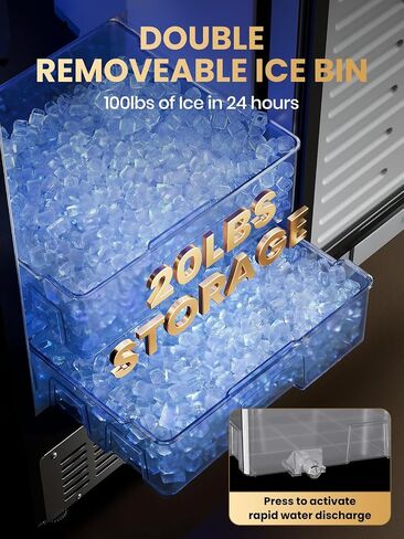 Coolski Undercounter Nugget Ice Maker Machine, 100Lbs Daily Production, Commercial Sonic Ice Machine with 20Lbs Dual Storage Bin, Pebble Pellet Ice Maker for Home, Office, Cafe, Gravity Drain in Kuwait