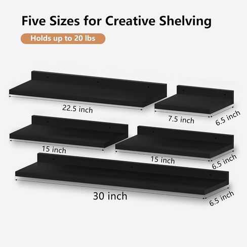 Floating Shelves for Wall Set of 5,Black Floating Shelves bathroom,30 Inch Natural Wood Book Shelf for Wall Mounted,Home Decor Display Shelving,Storage Shelves for Living Room,Bedroom,Kitchen in Kuwait