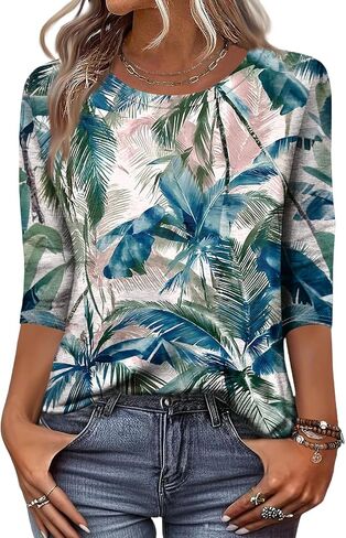 3/4 Length Sleeve Womens Tops Summer Plus Size Crewneck Sweatshirts Casual Graphic Three Quarter Sleeve Blouses in Kuwait
