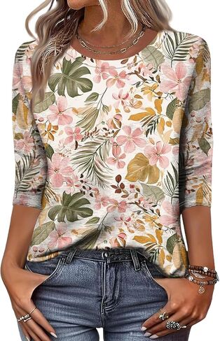 3/4 Length Sleeve Womens Tops Summer Plus Size Crewneck Sweatshirts Casual Graphic Three Quarter Sleeve Blouses in Kuwait