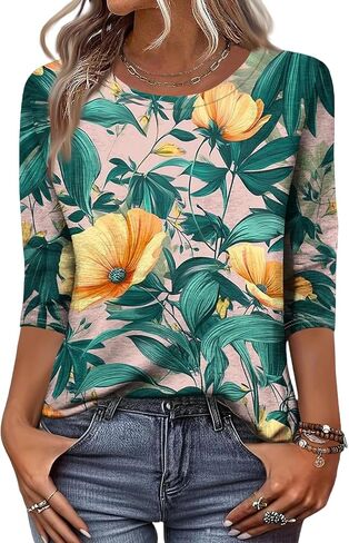 3/4 Length Sleeve Womens Tops Summer Plus Size Crewneck Sweatshirts Casual Graphic Three Quarter Sleeve Blouses in Kuwait