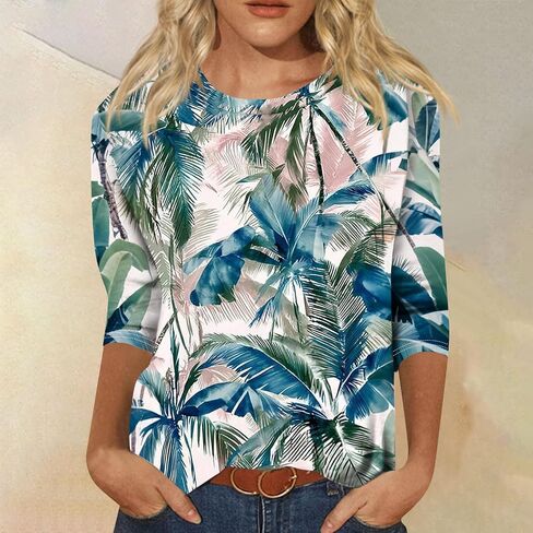3/4 Length Sleeve Womens Tops Summer Plus Size Crewneck Sweatshirts Casual Graphic Three Quarter Sleeve Blouses in Kuwait