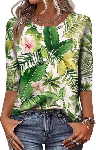 3/4 Length Sleeve Womens Tops Summer Plus Size Crewneck Sweatshirts Casual Graphic Three Quarter Sleeve Blouses in Kuwait