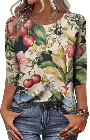 3/4 Length Sleeve Womens Tops Summer Plus Size Crewneck Sweatshirts Casual Graphic Three Quarter Sleeve Blouses in Kuwait