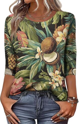 3/4 Length Sleeve Womens Tops Summer Plus Size Crewneck Sweatshirts Casual Graphic Three Quarter Sleeve Blouses in Kuwait