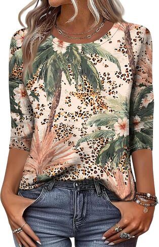 3/4 Length Sleeve Womens Tops Summer Plus Size Crewneck Sweatshirts Casual Graphic Three Quarter Sleeve Blouses in Kuwait