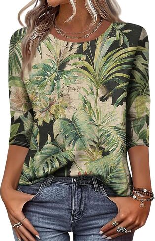 3/4 Length Sleeve Womens Tops Summer Plus Size Crewneck Sweatshirts Casual Graphic Three Quarter Sleeve Blouses in Kuwait