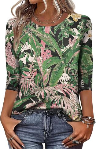 3/4 Length Sleeve Womens Tops Summer Plus Size Crewneck Sweatshirts Casual Graphic Three Quarter Sleeve Blouses in Kuwait