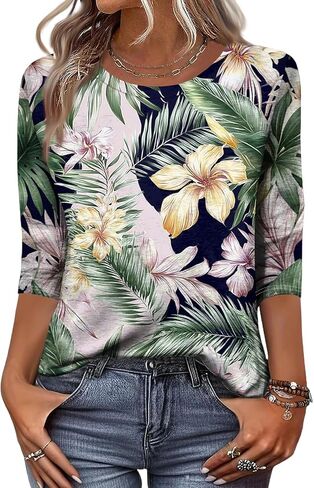 3/4 Length Sleeve Womens Tops Summer Plus Size Crewneck Sweatshirts Casual Graphic Three Quarter Sleeve Blouses in Kuwait
