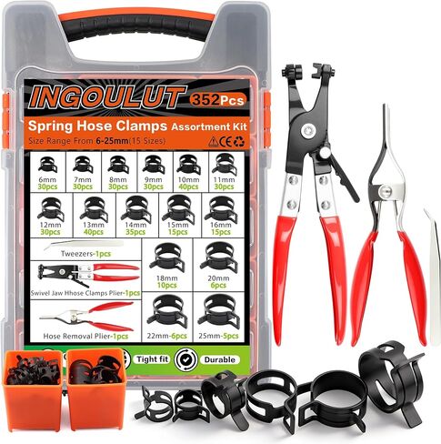 352Pcs Spring Hose Clamps Assortment Kit 15Size 6-25mm with Swivel Flat Hose Clamps Plier, Black 65Mn Spring Steel Hose Clamp, Fuel Line Hose Clamps for Silicone Vacuum Hose,Water Pipe,Automotive in Kuwait