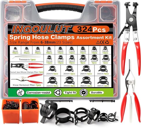 352Pcs Spring Hose Clamps Assortment Kit 15Size 6-25mm with Swivel Flat Hose Clamps Plier, Black 65Mn Spring Steel Hose Clamp, Fuel Line Hose Clamps for Silicone Vacuum Hose,Water Pipe,Automotive in Kuwait