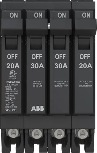ABB Q-Line® THQLQ203020 Quad Circuit Breaker • 20A/1P, 30A/2P, 20A/1P Configuration • 120/240 VAC • 10 kAIC Interrupt Rating • Thermal Magnetic Plug-On Breaker for Load Centers in Kuwait