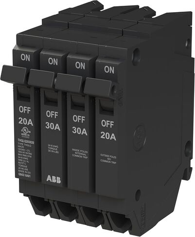 ABB Q-Line® THQLQ203020 Quad Circuit Breaker • 20A/1P, 30A/2P, 20A/1P Configuration • 120/240 VAC • 10 kAIC Interrupt Rating • Thermal Magnetic Plug-On Breaker for Load Centers in Kuwait