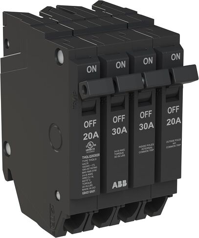 ABB Q-Line® THQLQ203020 Quad Circuit Breaker • 20A/1P, 30A/2P, 20A/1P Configuration • 120/240 VAC • 10 kAIC Interrupt Rating • Thermal Magnetic Plug-On Breaker for Load Centers in Kuwait