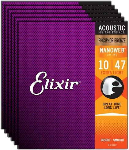 Elixir Phosphor Bronze Nanoweb 16002 ضوء إضافي 10-47 أوتار جيتار صوتي 6 عبوات مع قطعة قماش تلميع إضافية من Elixir in Kuwait