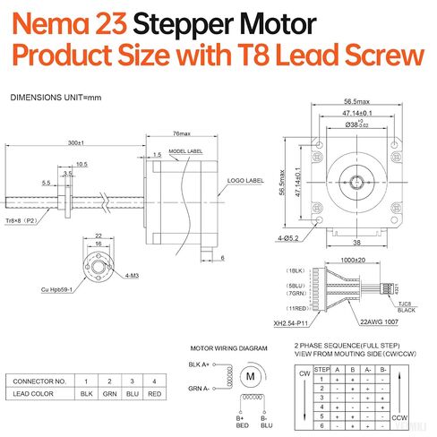 Nema 23 Stepper Motor TR8x8 300mm with T8 Lead Screw 57x76mm 1.8Nm | 57 Step Motor 254.9oz·in 1.8°‌ 4.2A 0.65Ω Bipolar 2 Phase High Torque 4-Wire Cable 1M for 88D Printer DIY Robot CNC Machine in Kuwait
