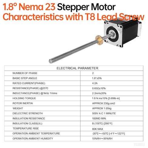 Nema 23 Stepper Motor TR8x8 300mm with T8 Lead Screw 57x76mm 1.8Nm | 57 Step Motor 254.9oz·in 1.8°‌ 4.2A 0.65Ω Bipolar 2 Phase High Torque 4-Wire Cable 1M for 88D Printer DIY Robot CNC Machine in Kuwait