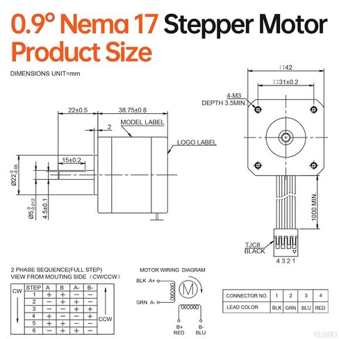 محرك متدرج 0.9° Nema 17 42x39mm 32Ncm (45.32oz·in) 1.3A 2.5Ω | 42 محرك متدرج عزم دوران عالي 2 المرحلة ثنائي القطب رمح 17 مللي متر φ5 مللي متر 4-سلك كابل 1 متر للطابعة ثلاثية الأبعاد لتقوم بها بنفسك روبوت ماكينة بتحكم رقمي بالكمبيوتر in Kuwait