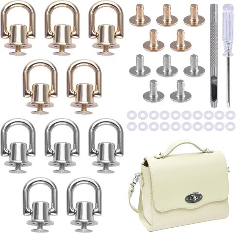 10 Pieces D Ring Stud Screw for Leather Purse, 360 Degree Rotatable D Ring Metal Ball Post Head Buttons with Hole Punch Studs for DIY Wallet (Silver&Gold) in Kuwait