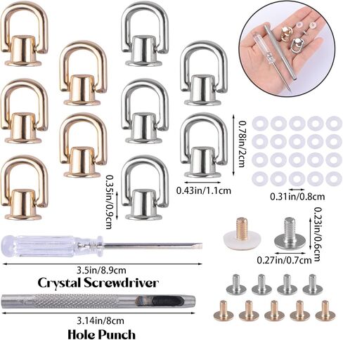 10 Pieces D Ring Stud Screw for Leather Purse, 360 Degree Rotatable D Ring Metal Ball Post Head Buttons with Hole Punch Studs for DIY Wallet (Silver&Gold) in Kuwait