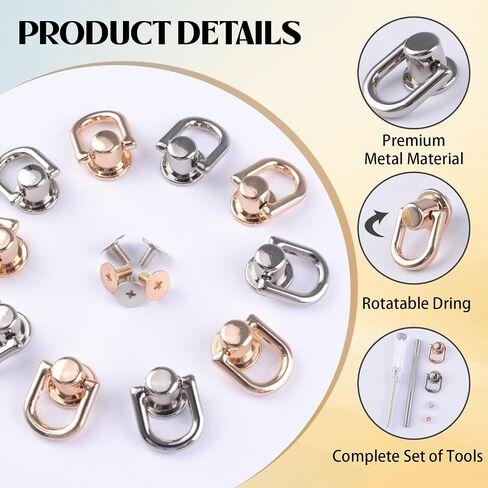 10 Pieces D Ring Stud Screw for Leather Purse, 360 Degree Rotatable D Ring Metal Ball Post Head Buttons with Hole Punch Studs for DIY Wallet (Silver&Gold) in Kuwait