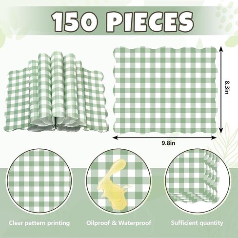Whaline 150Pcs Sage Green Scalloped Wax Paper Green White Gingham Plaids Food Basket Liners Waterproof Oil-Proof Sandwich Wrap Tissue Deli Paper for Wedding Kitchen Holiday, 8.3 x 9.8 Inch in Kuwait
