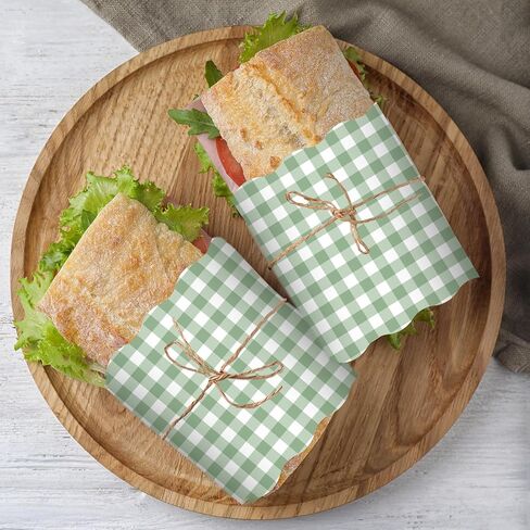 Whaline 150Pcs Sage Green Scalloped Wax Paper Green White Gingham Plaids Food Basket Liners Waterproof Oil-Proof Sandwich Wrap Tissue Deli Paper for Wedding Kitchen Holiday, 8.3 x 9.8 Inch in Kuwait