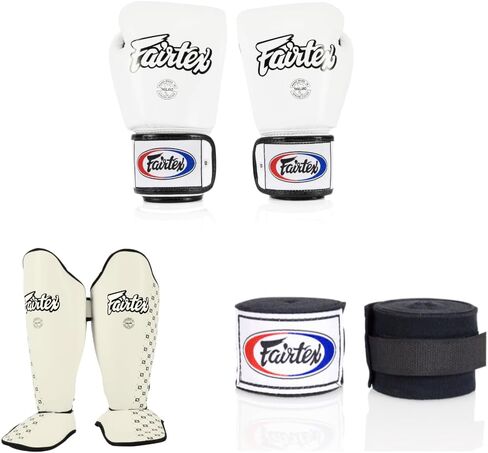 Fairtex BGV1 16 أونصة قفاز أبيض + Fairtex Muay Thai Handwrap أسود 180 بوصة + SP5 أبيض متوسط ​​واقي الساق in Kuwait