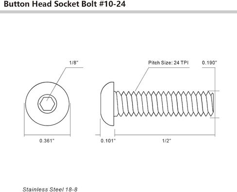 10-24 x 1/2" Button Head Socket Cap Bolts Screws, Stainless Steel 18-8 (304), Bright Finish, Full Thread, Allen Hex Drive, 100 PCS in Kuwait