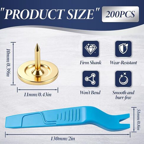 Chumia 200 Pcs 7/16'' Needlepoint Thumb Tacks with Remover Tool and Box, Gold Plated Push Pins, Rust Resistant Steel Tacks for Office, Cork Board, Bulletin Board, DIY Wall Decor, Carpet Nails in Kuwait