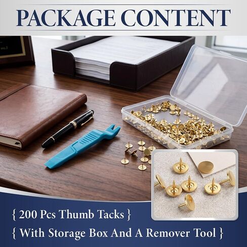 Chumia 200 Pcs 7/16'' Needlepoint Thumb Tacks with Remover Tool and Box, Gold Plated Push Pins, Rust Resistant Steel Tacks for Office, Cork Board, Bulletin Board, DIY Wall Decor, Carpet Nails in Kuwait