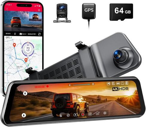 12" Mirror Dash Cam, 4K UHD Front and 2.5K Rear View Dash Camera for Car, with ADAS BSD LCA Smart Mode, GPS, G-Sensor, Loop Recording, Parking Monitor, Voice Control, 5.8GHz WiFi in Saudi Arabia