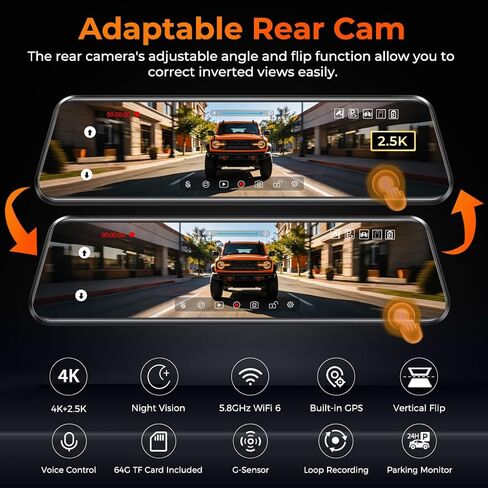 12" Mirror Dash Cam, 4K UHD Front and 2.5K Rear View Dash Camera for Car, with ADAS BSD LCA Smart Mode, GPS, G-Sensor, Loop Recording, Parking Monitor, Voice Control, 5.8GHz WiFi in Saudi Arabia