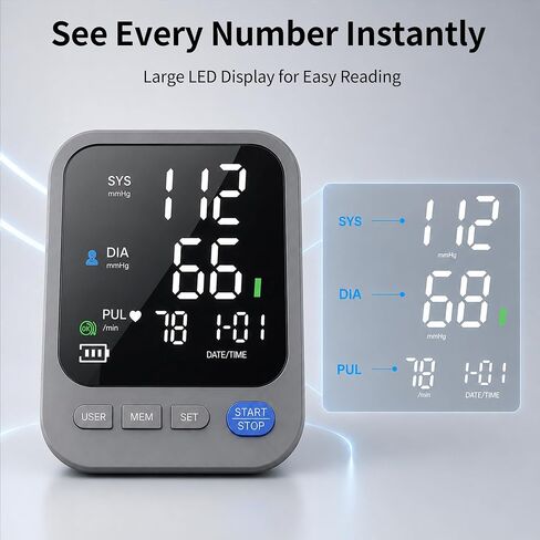 Blood Pressure Monitor for Home Use, Large LED Display BP Machine with Adjustable Cuff Fits 8.7"–16.5" Arms, 2-User 240 Memory, USB-C or Battery Powered in Kuwait