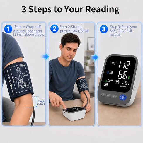 Blood Pressure Monitor for Home Use, Large LED Display BP Machine with Adjustable Cuff Fits 8.7"–16.5" Arms, 2-User 240 Memory, USB-C or Battery Powered in Kuwait