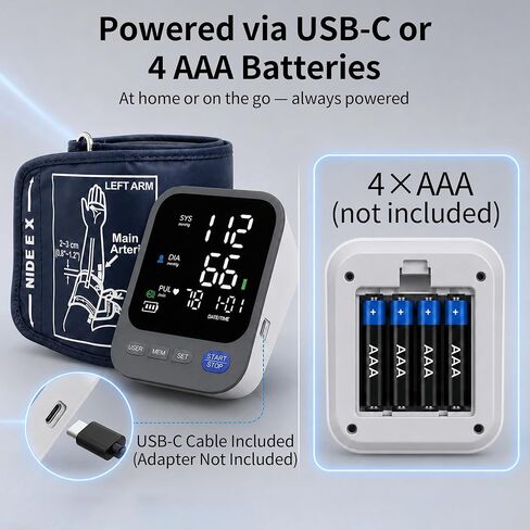 Blood Pressure Monitor for Home Use, Large LED Display BP Machine with Adjustable Cuff Fits 8.7"–16.5" Arms, 2-User 240 Memory, USB-C or Battery Powered in Kuwait