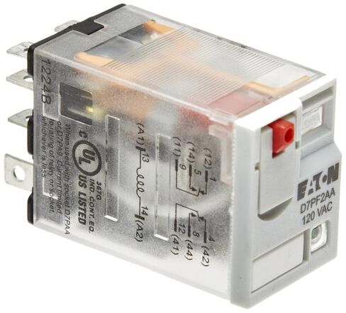 Eaton D7PF2AA General Purpose Relay, 15A Rated Current, DPDT Contact Configuration, 120VAC Coil Voltage, 3.83ohm Coil Resistance in Kuwait