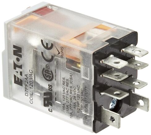 Eaton D7PF2AA General Purpose Relay, 15A Rated Current, DPDT Contact Configuration, 120VAC Coil Voltage, 3.83ohm Coil Resistance in Kuwait