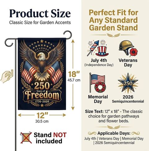 250 Years America Garden Flag,USA 250th Anniversary Patriotic Yard Flag,1776–2026 Outdoor Garden Banner,Double-sided printed eagle pattern,12 x 18 Inch (brown) in Kuwait