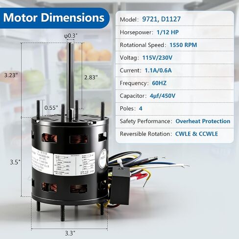 9721، D1127 محرك مروحة التبريد 1/12 HP، متوافق مع Fasco 9721 D1127 HeatCraft5008S 5008T، Bohn25309101، Century 9650 AO Smith 9656، 115/230 فولت، 1550 دورة في الدقيقة، 3.3 بوصة، محرك مكثف سبليت دائم in Kuwait