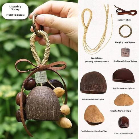 Natural Handcrafted Wind Chime, 10-Piece Mixed Fruit Shell Hanging Ornament with Leather Cord, Wooden Ring, Metal Tag, DIY Decorative Garden Mobile in Kuwait